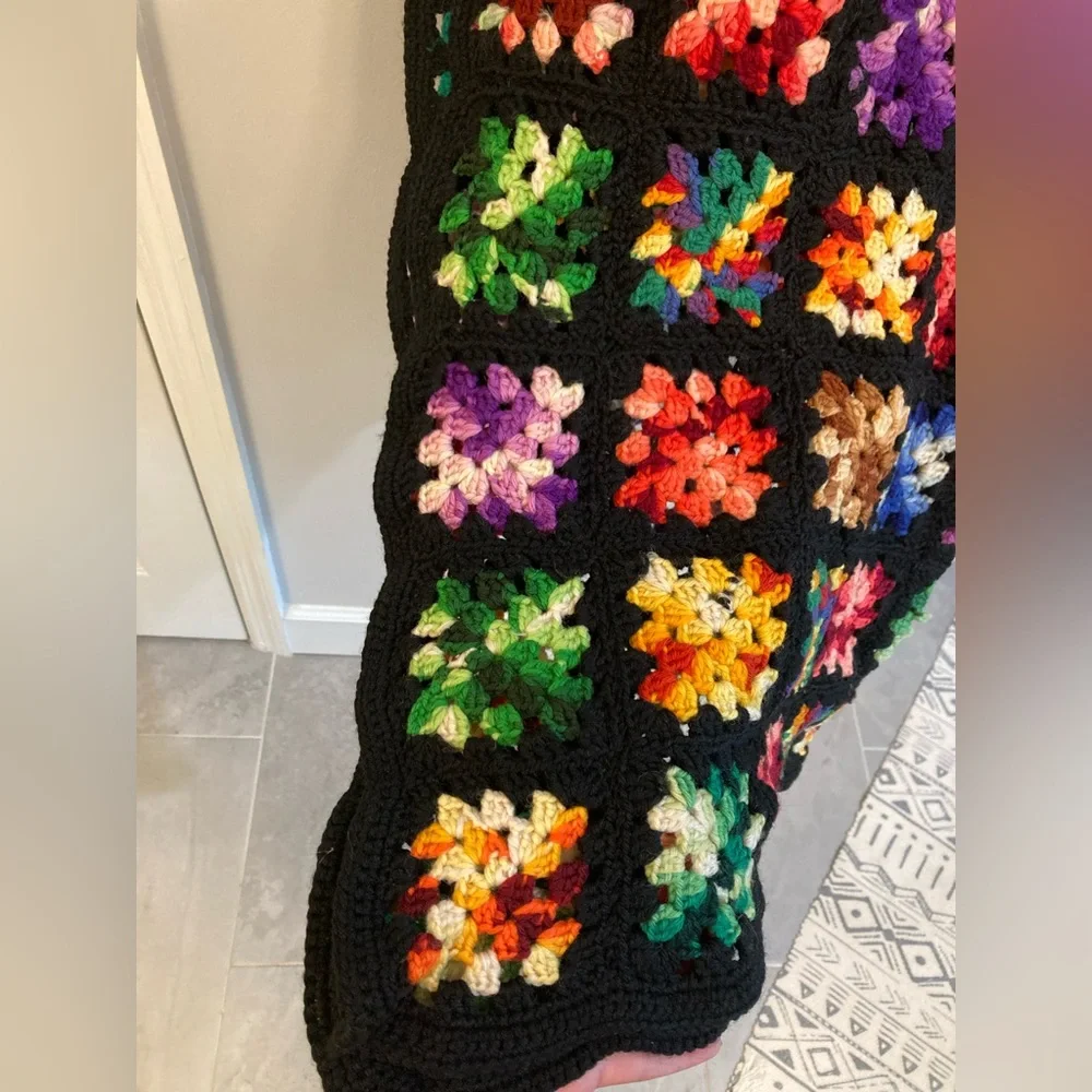 Hand crafted Granny Square Crochet blanket 5x3 black with multi colored squares